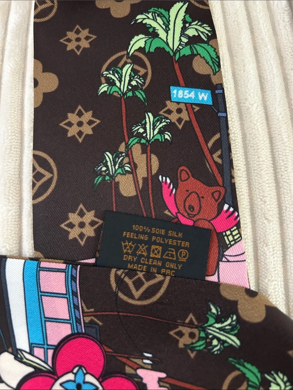 Brown Floral Double Sided Monogram Silk Feeling Twilly or Scarf.
